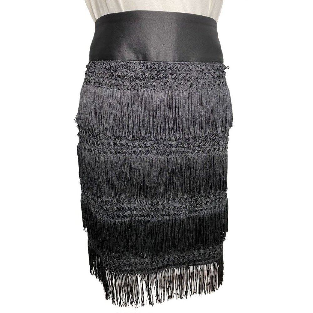 Express Black Satin Tiered Fringe Pencil Straight Skirt Sz 12